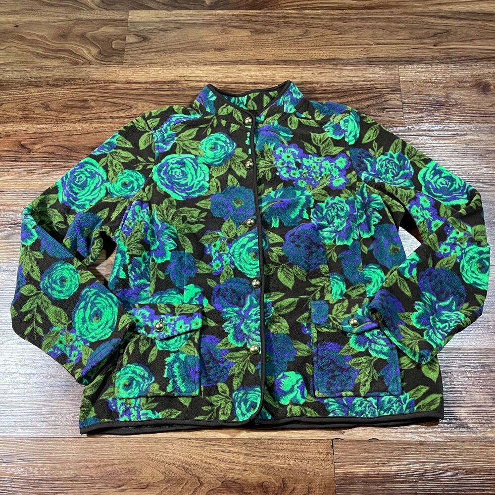 Isaac Mizrahi Live Rose Fleece Button Up Long Sleeve Jacket Womens XL Green Blue